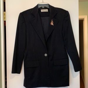 Black wool blazer with lapel pin